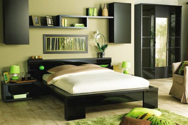 חדר שינה ירוק מדפים קיר ביעילות לרהט