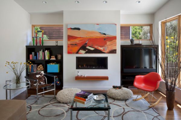 eenvoudige vloer vaas idee rode schommelstoel design woonkamer