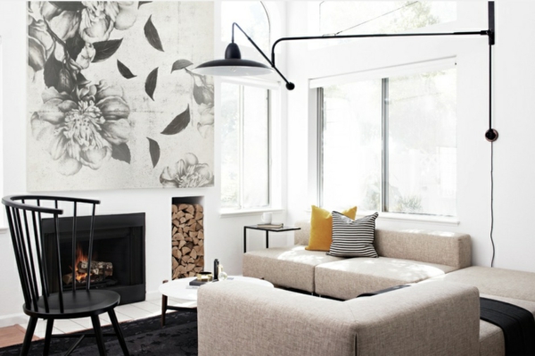 indrettet stue i skandinavisk stil pejs skandinavisk møbler