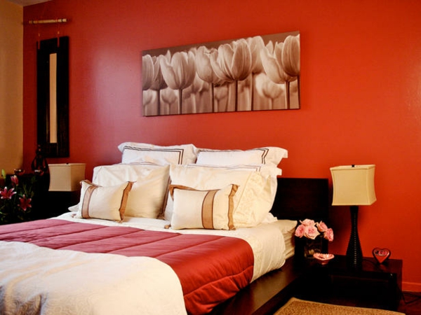 makuuhuone värit punainen seinä suunnittelu vuode