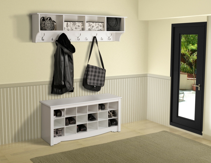 обзавеждане идеи коридор съхранение мебели бледо жълт стена килим
