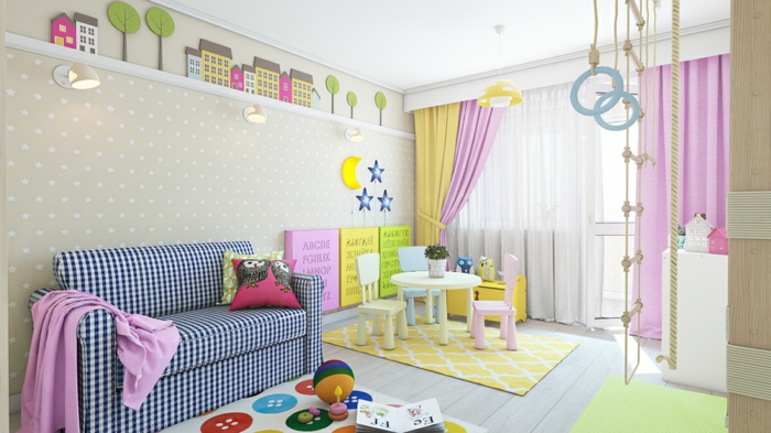 inventar ideer børns værelse sovesofaer farvede deco lilla gardiner