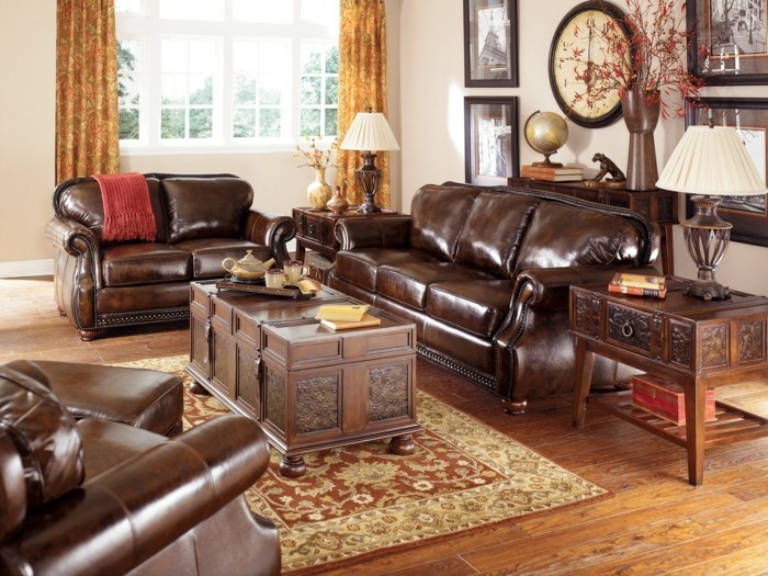 inrichting van ideeën vintage stijl woonkamer lederen meubels gordijnen patroon