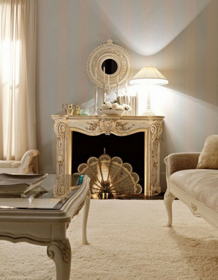 interieur ideeën vintage woonkamer meubels haard gordijnen beige