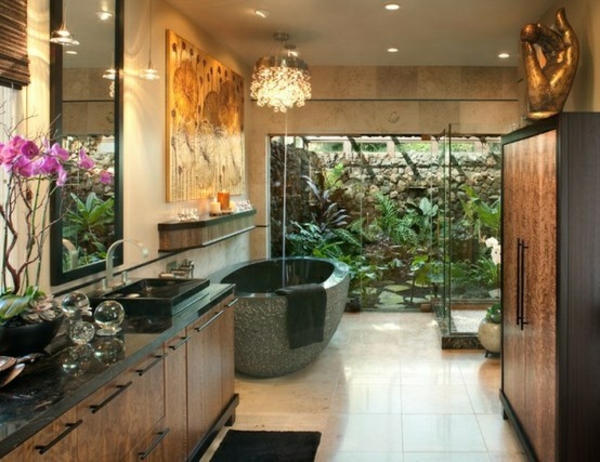 eklektinen kylpyhuone design itsenäinen kylpyamme puukalusteet