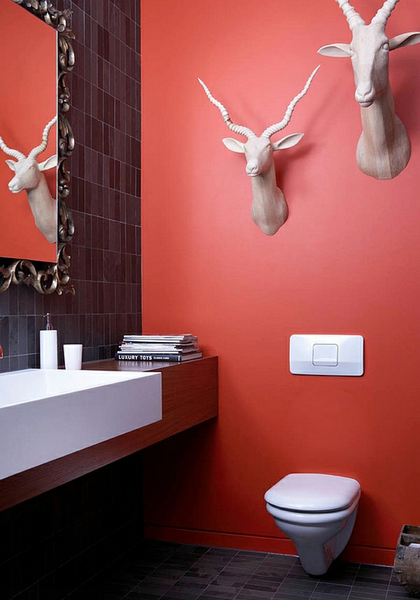 Eklektisk badeværelse dekoration ideer rød væg design