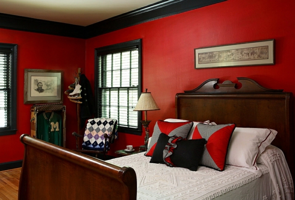 εκλεκτική κρεβατοκάμαρα κόκκινο τοίχο σχεδιασμό ξύλινο κρεβάτι