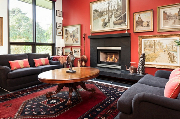 eklektický obývací pokoj červená stěna obrázky krb