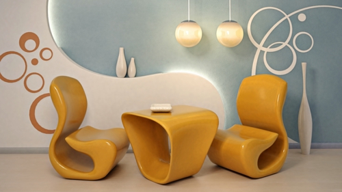 典雅的客厅家具黄色椅子咖啡桌壁画纹身灯