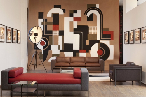 优雅的客厅家具沙发真皮内饰红色扶手椅墙面装饰