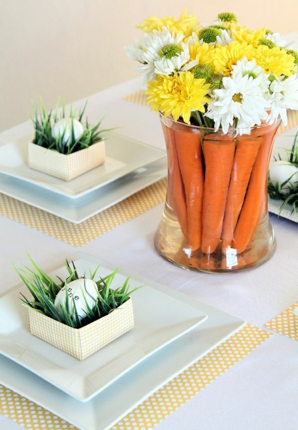 elegantiškas stalo puošybos idėjas Velykų stalo puošyba amatų idėjos pavasario gėlės morkų Velykiniai kiaušiniai