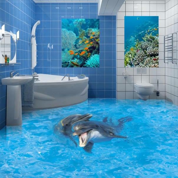 Epoxy resin flooring bathroom dolphins couple