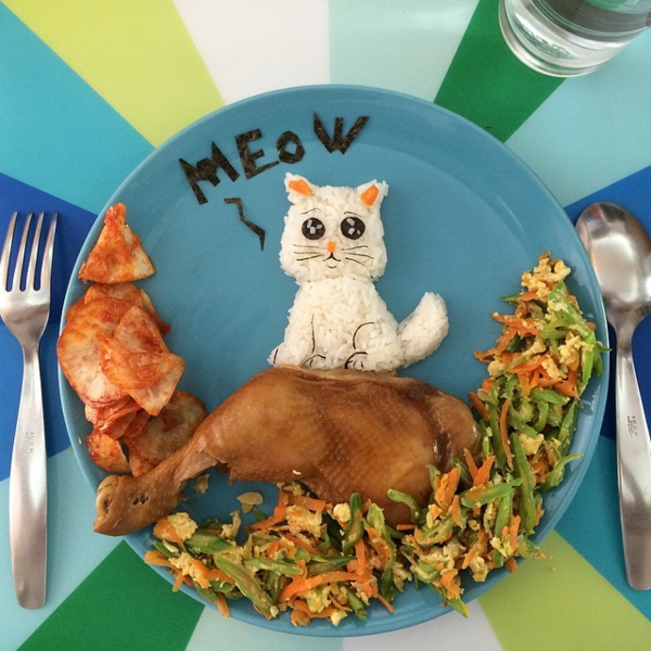 comer alimentos decorar gato pollo