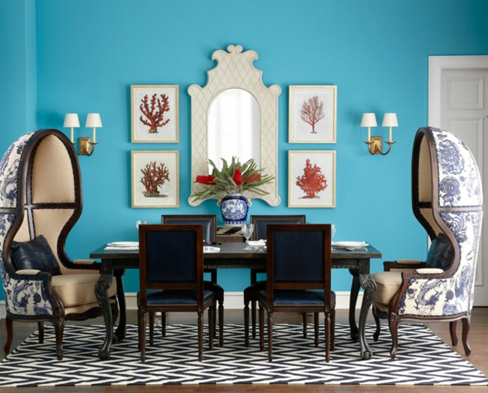 трапезария създадена фантазия фотьойли килим модел син акцент стена