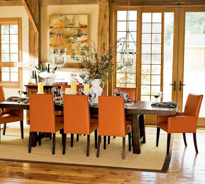 трапезария създаде портокалови столове селски маса за хранене килим дървени греди