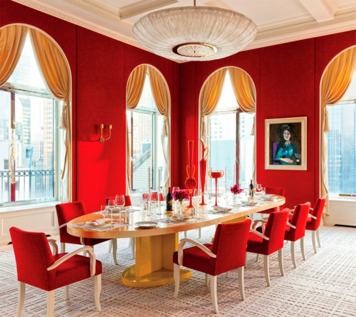 трапезария набор червена стена цвят овална маса за хранене червени столове