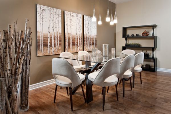 salle à manger élégante table en verre haut lampes suspendues en bois