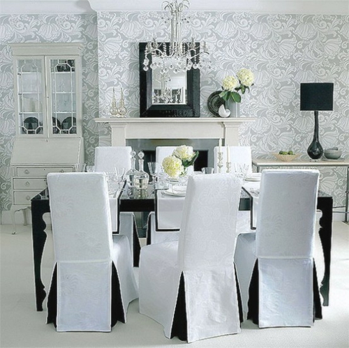 comedor, interior, sillas, floral, tabla, decoración, pared, papel pintado