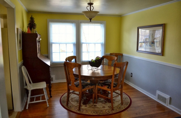 salle à manger meubles coloniaux mur peinture gris jaune couleur idées