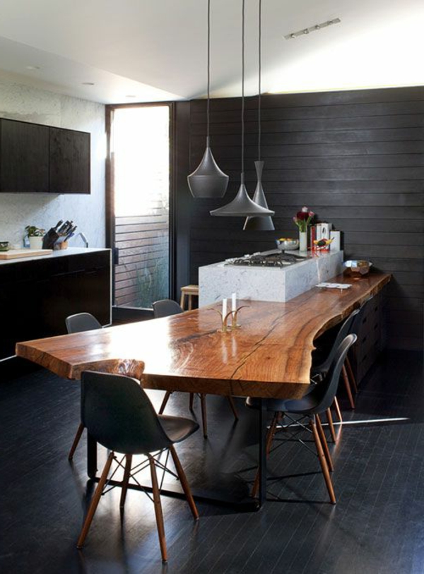 comedor, mesa de comedor, rústica, negro, paneles de madera, pared, diseño