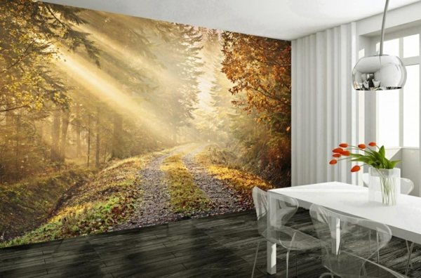 dining room wall design forest wallpaper