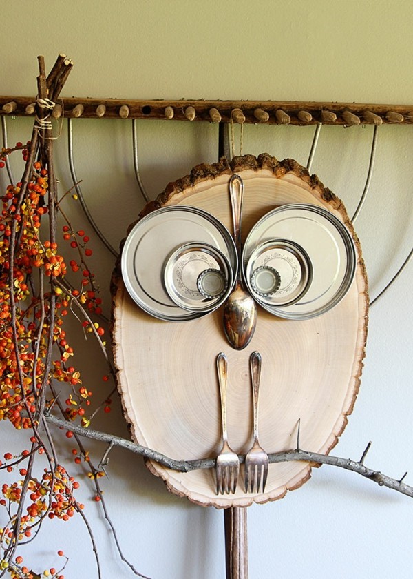sova dekorace s dřevěnými disky dělají nápady zdobení zeď