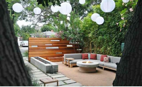 exterieur zen tuin patio decoratie ideeën hanger zitplaatsen