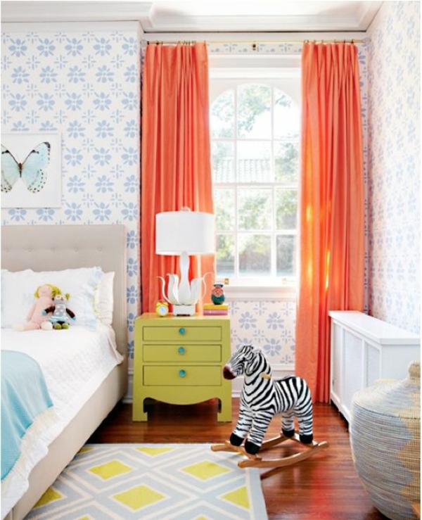 farveskema børneværelset farver tæppe orange gardiner