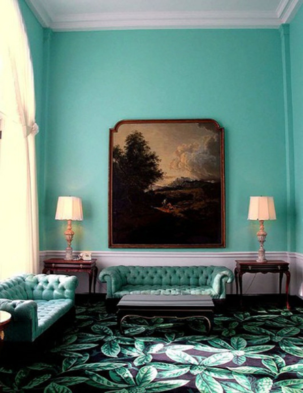 väri design ideoita seinävärit olohuone minttu vihreä antiikkihuonekalut sohva matto lattia