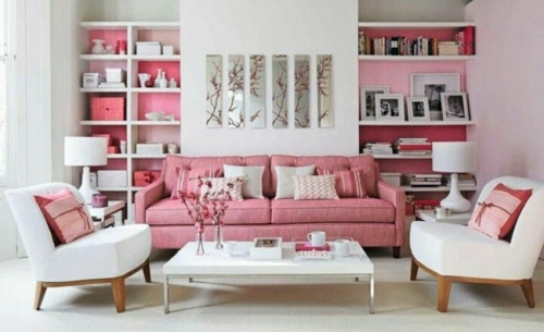 esquema de color tonos rosados ​​diseño retro diseño de sala de estar ideas