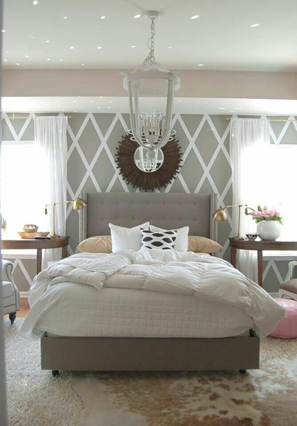 цветова схема спалня бежово сиво неутрално зелени цветове тапицирано легло