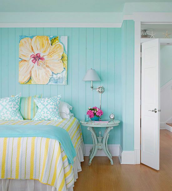 farveskema soveværelse seng strøelse stripe mønster væg maling blå