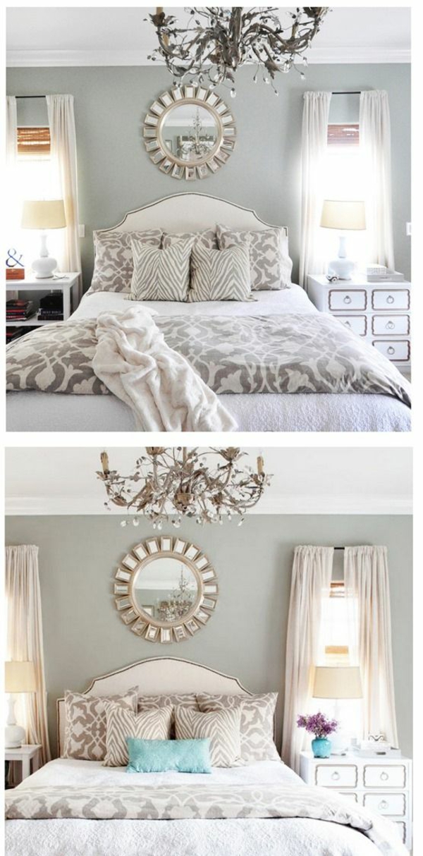 цветен дизайн спалня легло стена боя сива стена огледало полилей