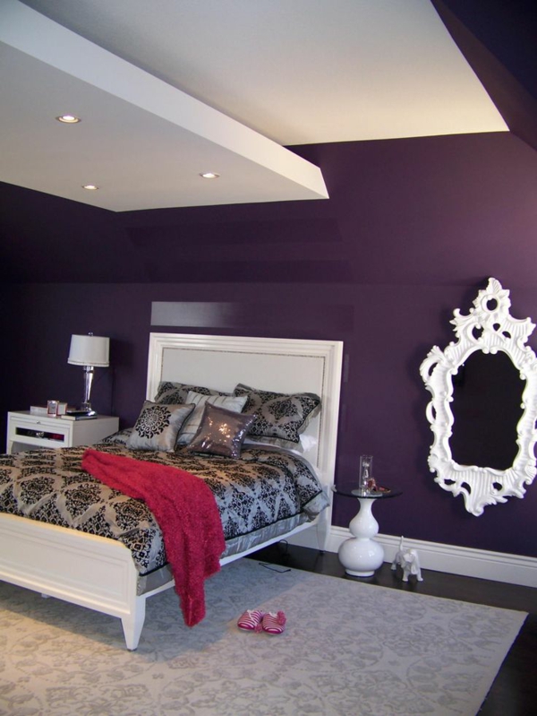 цветен дизайн спалня легло боядисване спалня лилаво