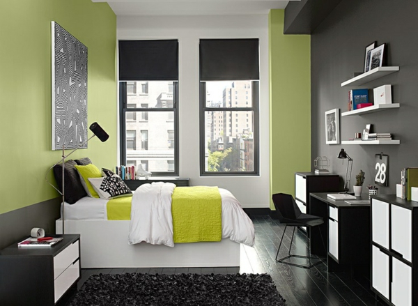 цветова схема цветове на спалнята стена боя маслини зелени легла зелен жълт