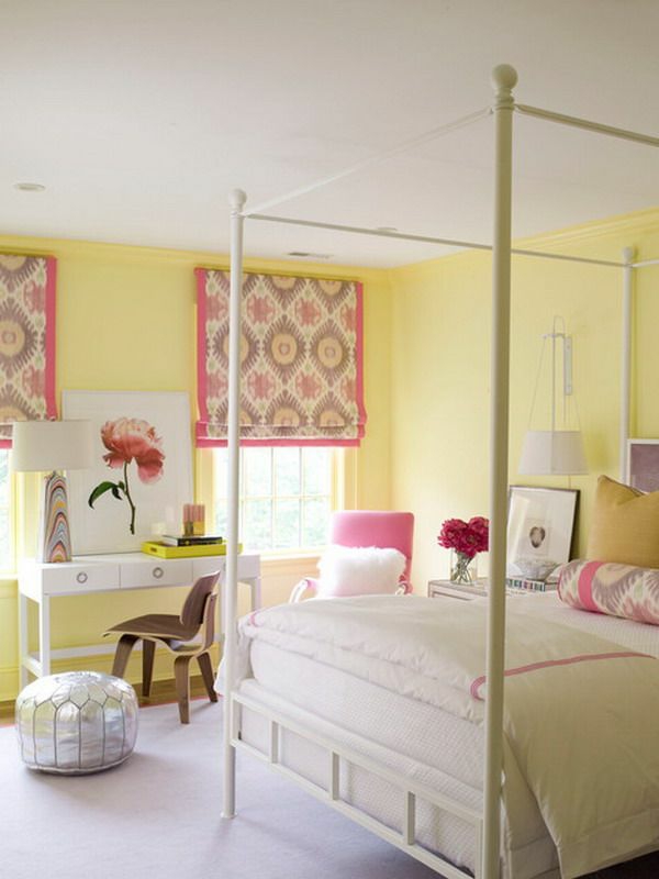 цветова схема спалня пастелни цветове жълта стена боя троса акценти