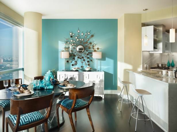 barevné schéma tyrkysové krásné obývací jídelní stůl židle