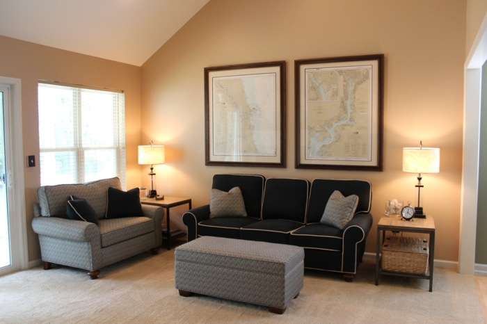color scheme living room beige carpet floor table lamps