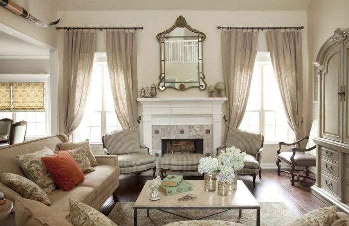 配色方案客厅奶油墙壁油漆壁炉典雅的客厅家具