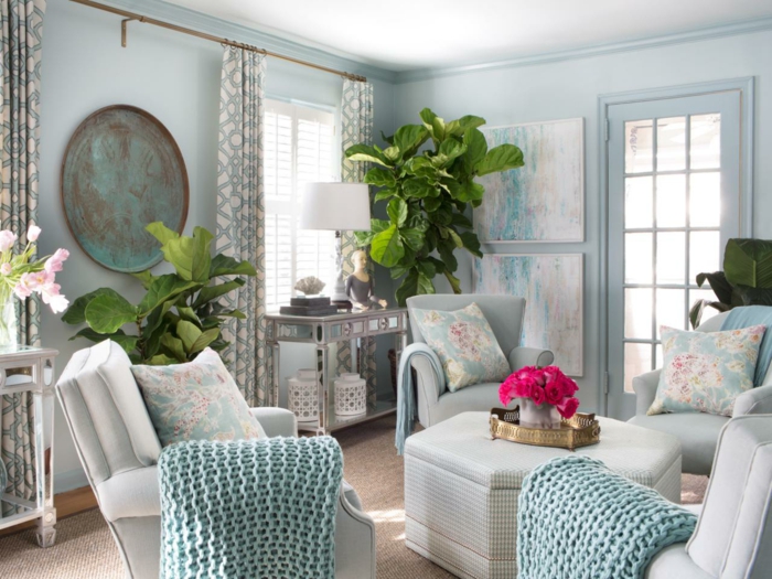 color scheme living room light blue wall color plant curtain pattern