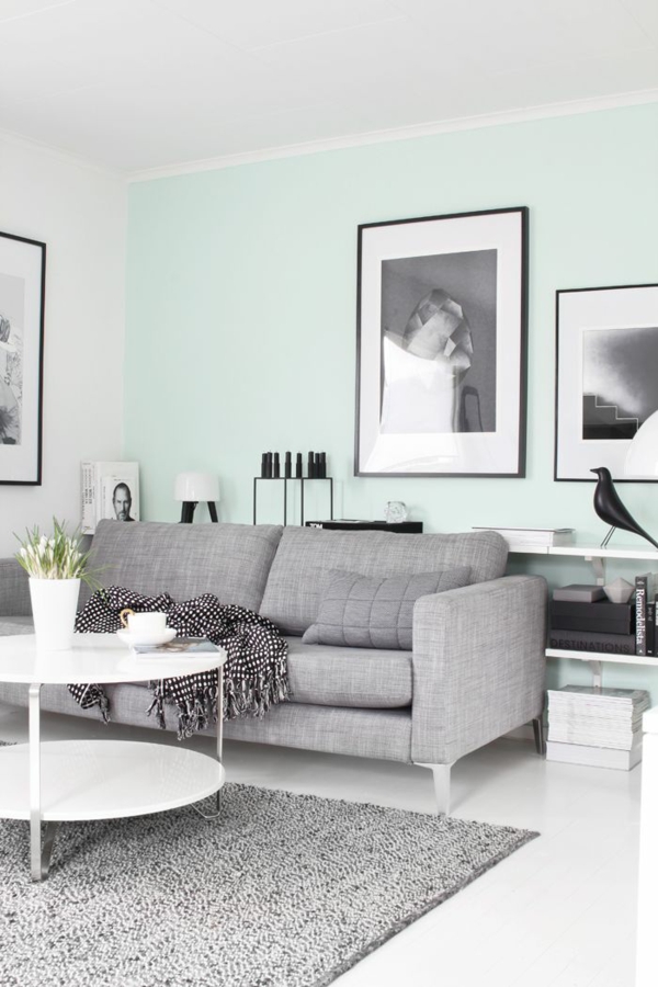 esquema de color sala de estar pintura de pared menta verde sala de estar sofá gris