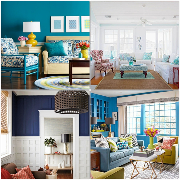 цветен дизайн хол стена цветове дизайн синя холна мебел