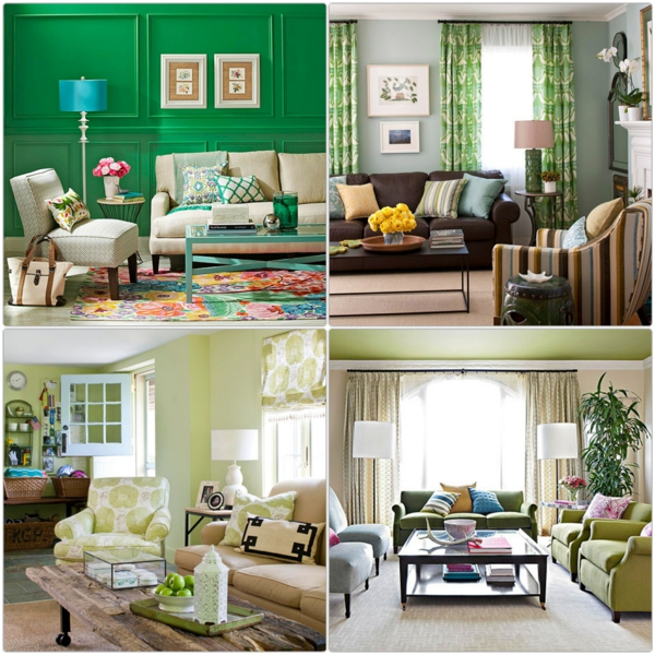 цветен дизайн хол стена боя мода зелена холна гарнитура мебели