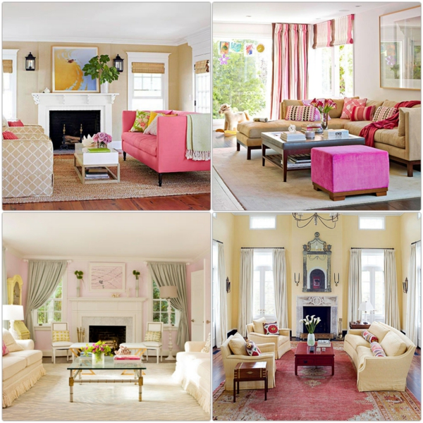 цветен дизайн хол стена боя розов розов акцент мебел за хол