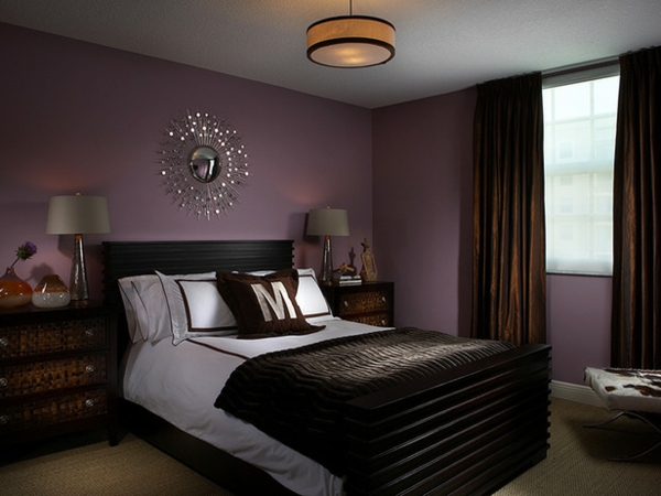 רעיונות צבע חדר השינה לקשט קירות סגול המיטה