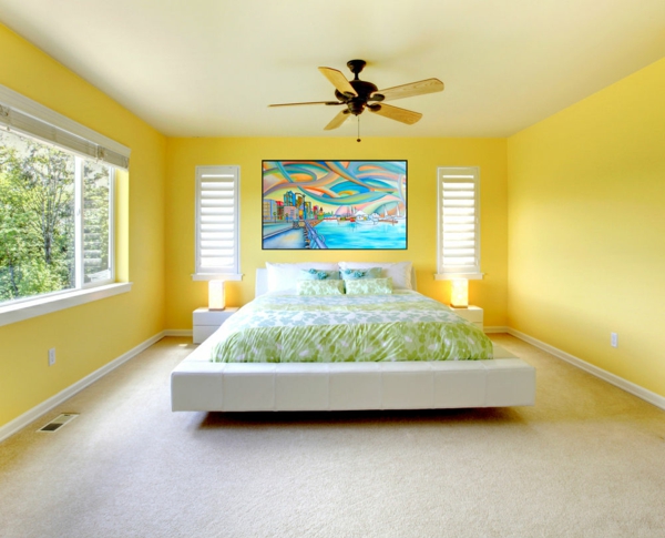 feng shui bed muur schildert slaapkamer geel