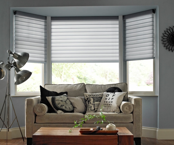 window privacy blinds light gray modern elegant living room industrial style