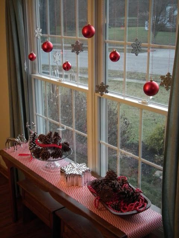 decoración de la ventana Navidad rojo bolas de Navidad copos de nieve