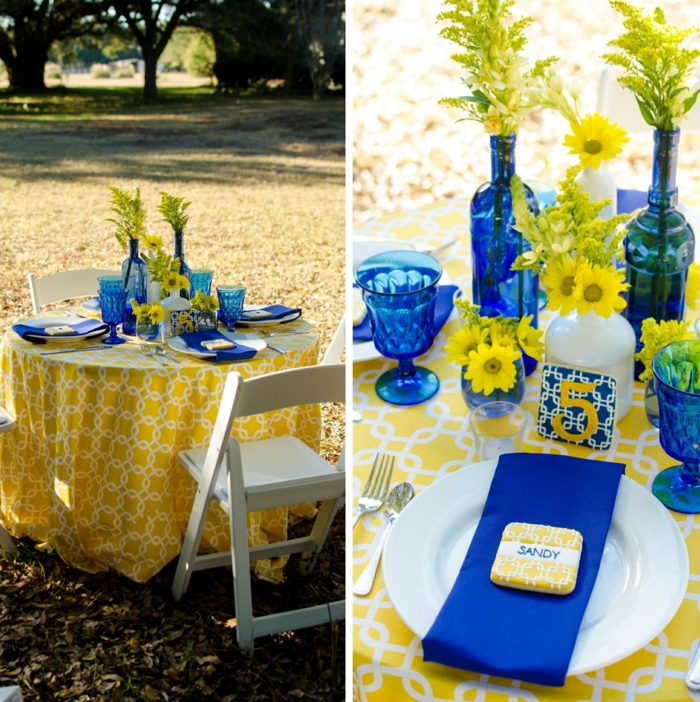 juhlava pöydän koristelu keltainen pöytäliina sininen aksentti