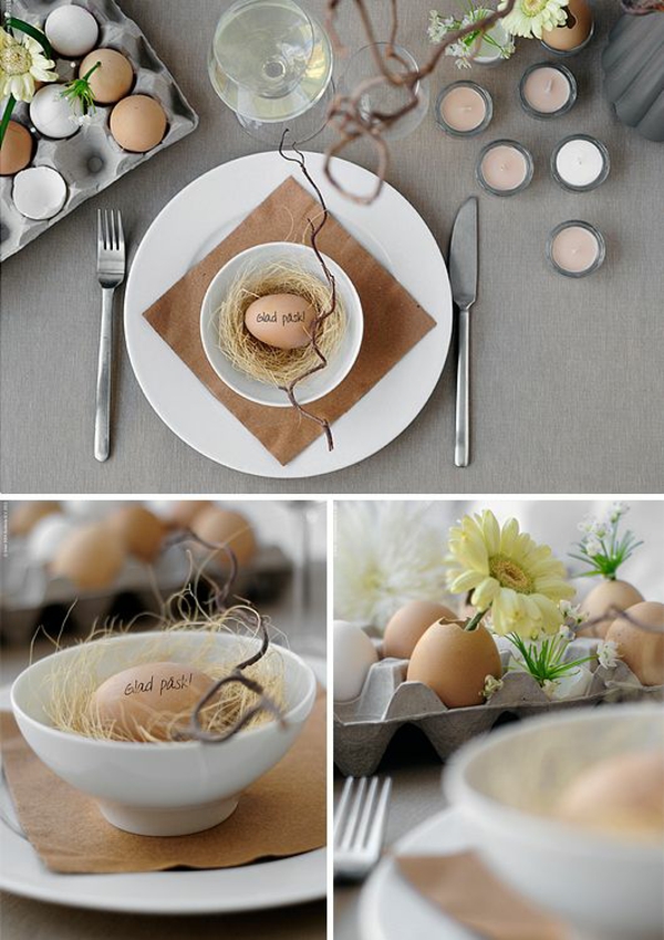 Idées de décoration de table festive ostertischdeko rustukal nid avec oeuf de pâques
